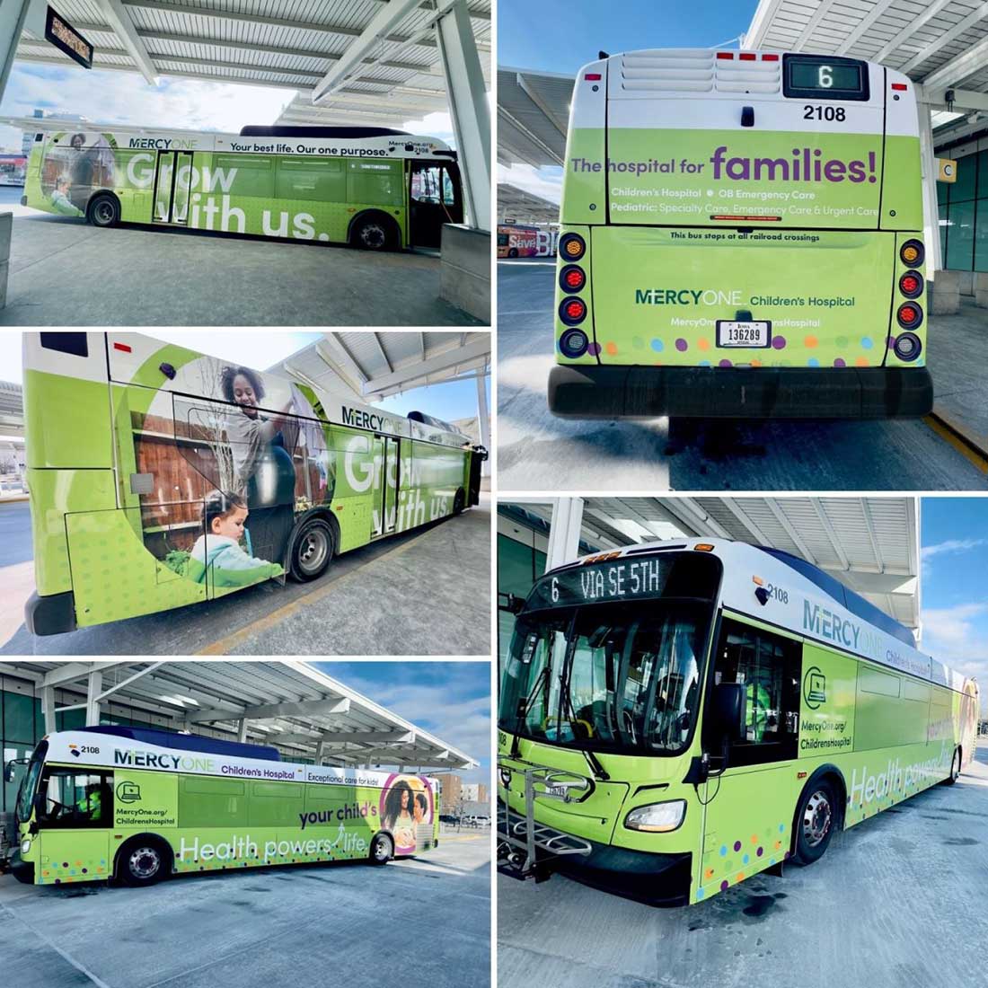 A collection of images of the colorful MercyOne bus which can be seen around the Des Moines community.