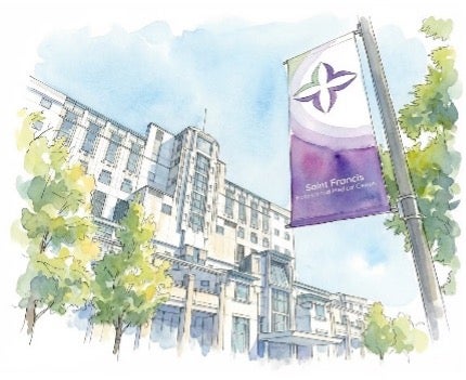 Watercolor painting of a Trinity Health banner with a hospital building in the background